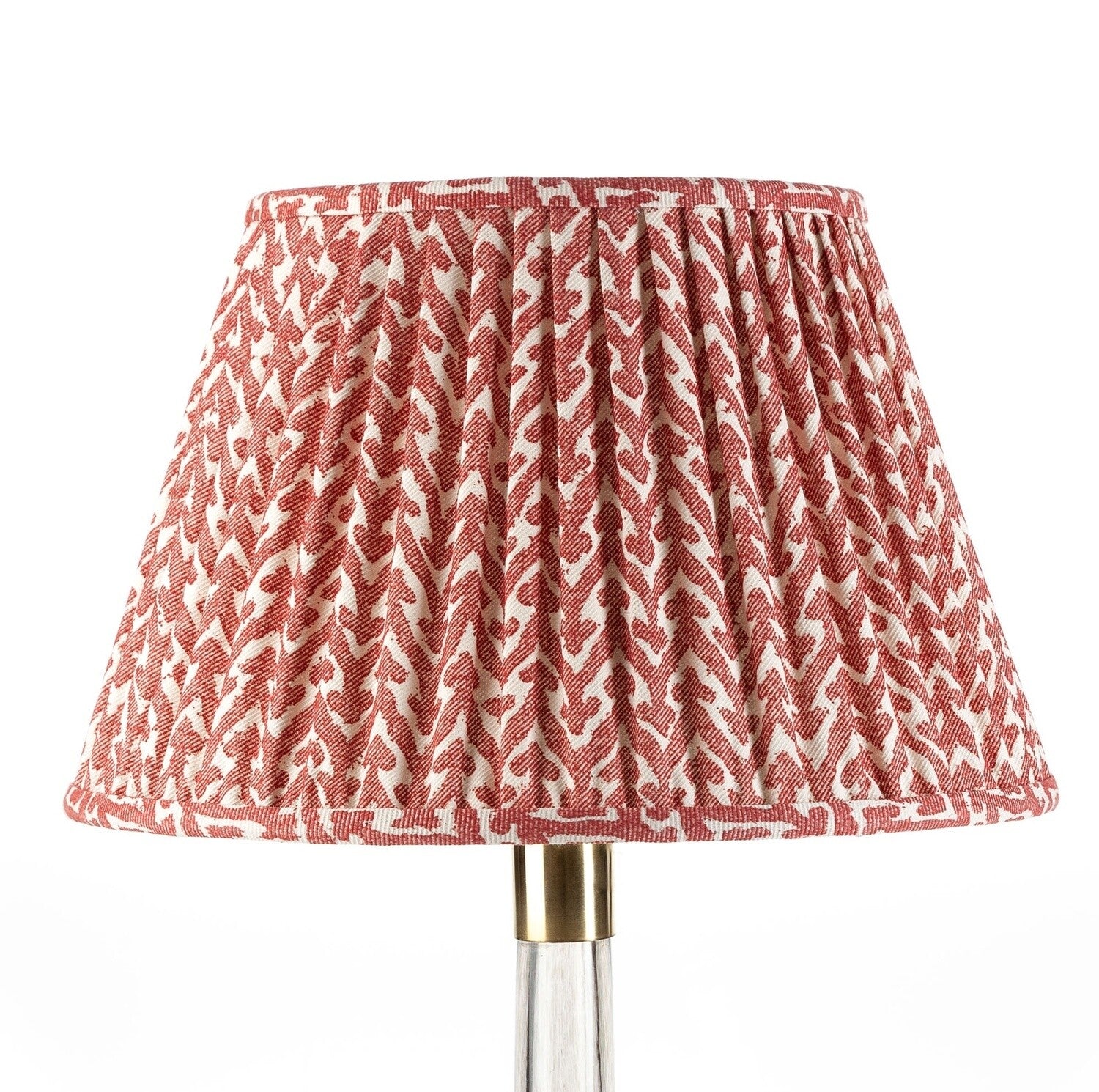 Fermoie Red Rabanna empire lampshade styled on a glass table lamp in Nashville, Tennessee