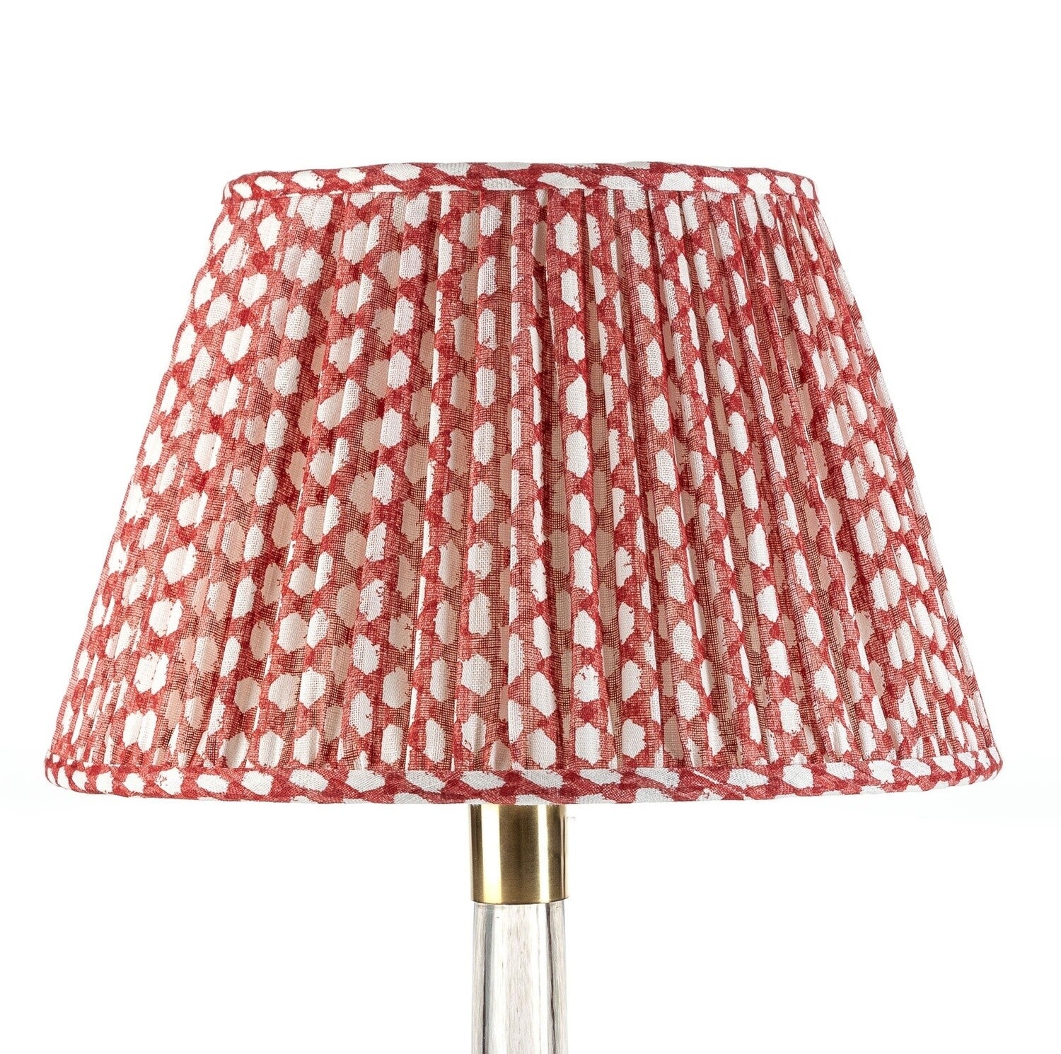 Fermoie Red Wicker empire lampshade styled on a glass table lamp in Nashville, Tennessee