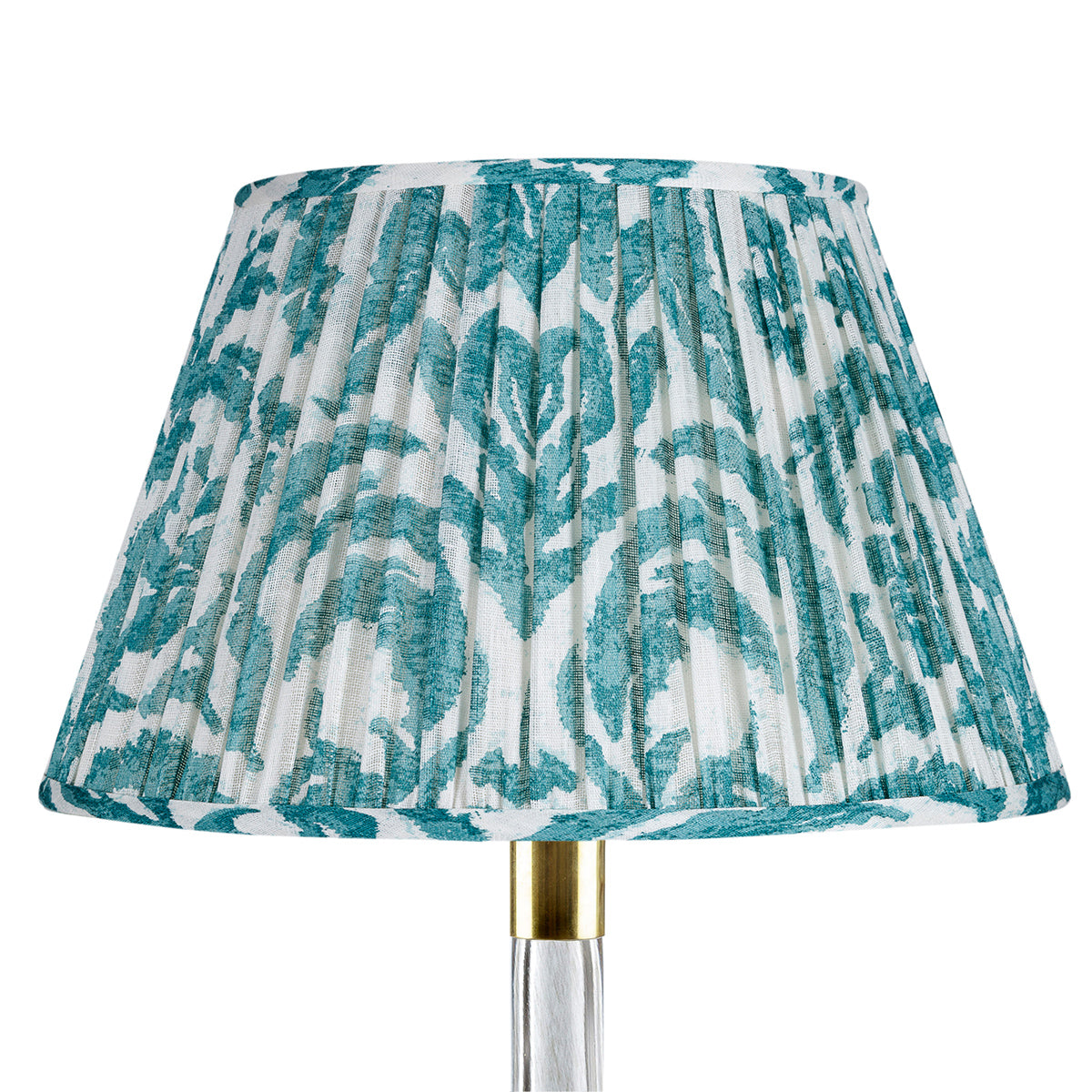 Fermoie Teal Marlborough empire lampshade styled on a glass table lamp in Nashville, Tennessee