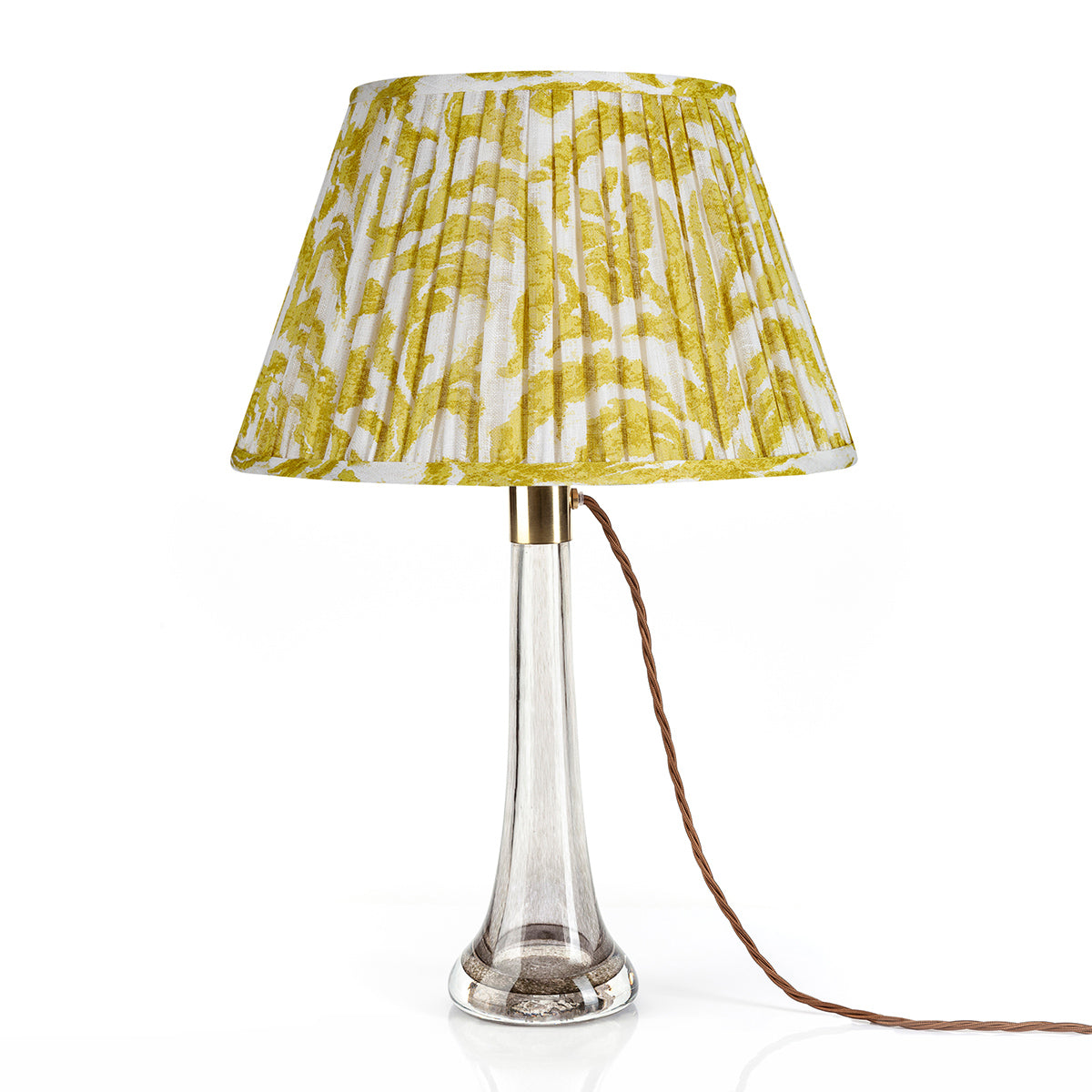 Fermoie Yellow Marlborough Empire lampshade styled on a glass table lamp in Nashville, Tennessee