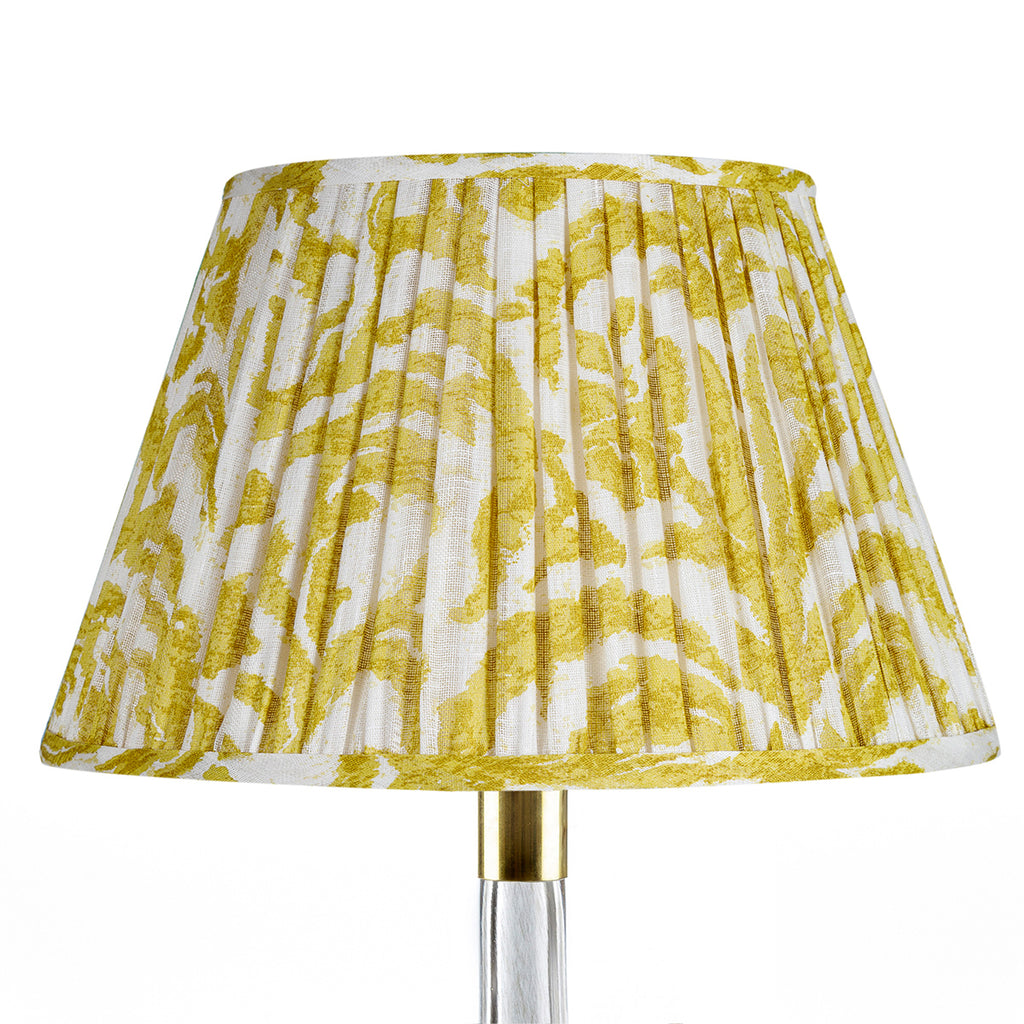 Fermoie Yellow Marlborough empire lampshade styled on a glass table lamp in Nashville, Tennessee