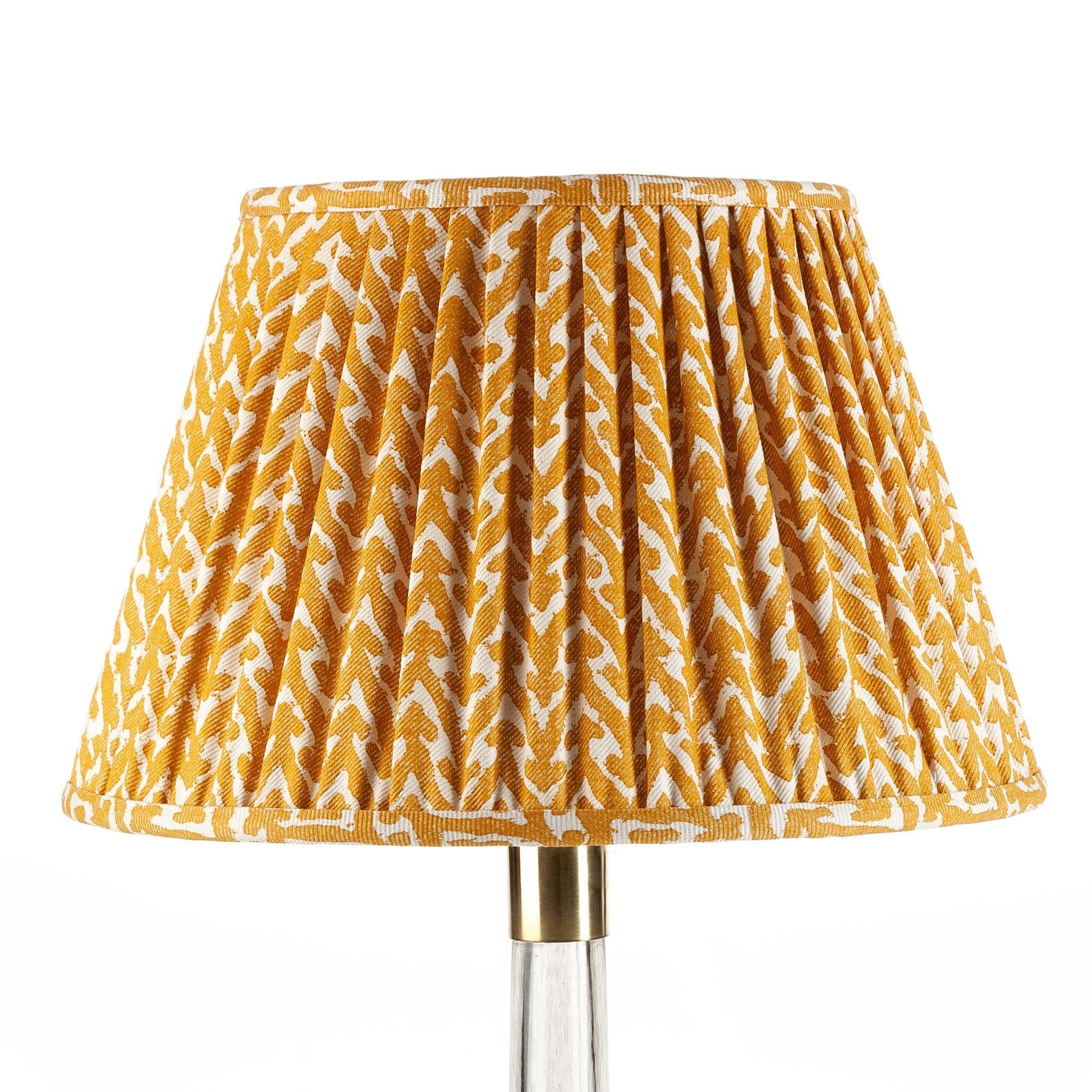 Fermoie Yellow Rabanna empire lampshade styled on a glass table lamp in Nashville, Tennessee