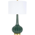 Forest green Laurel Table Lamp with glossy ribbed ceramic base, elongated fluted neck, brass accents, and white drum shade.