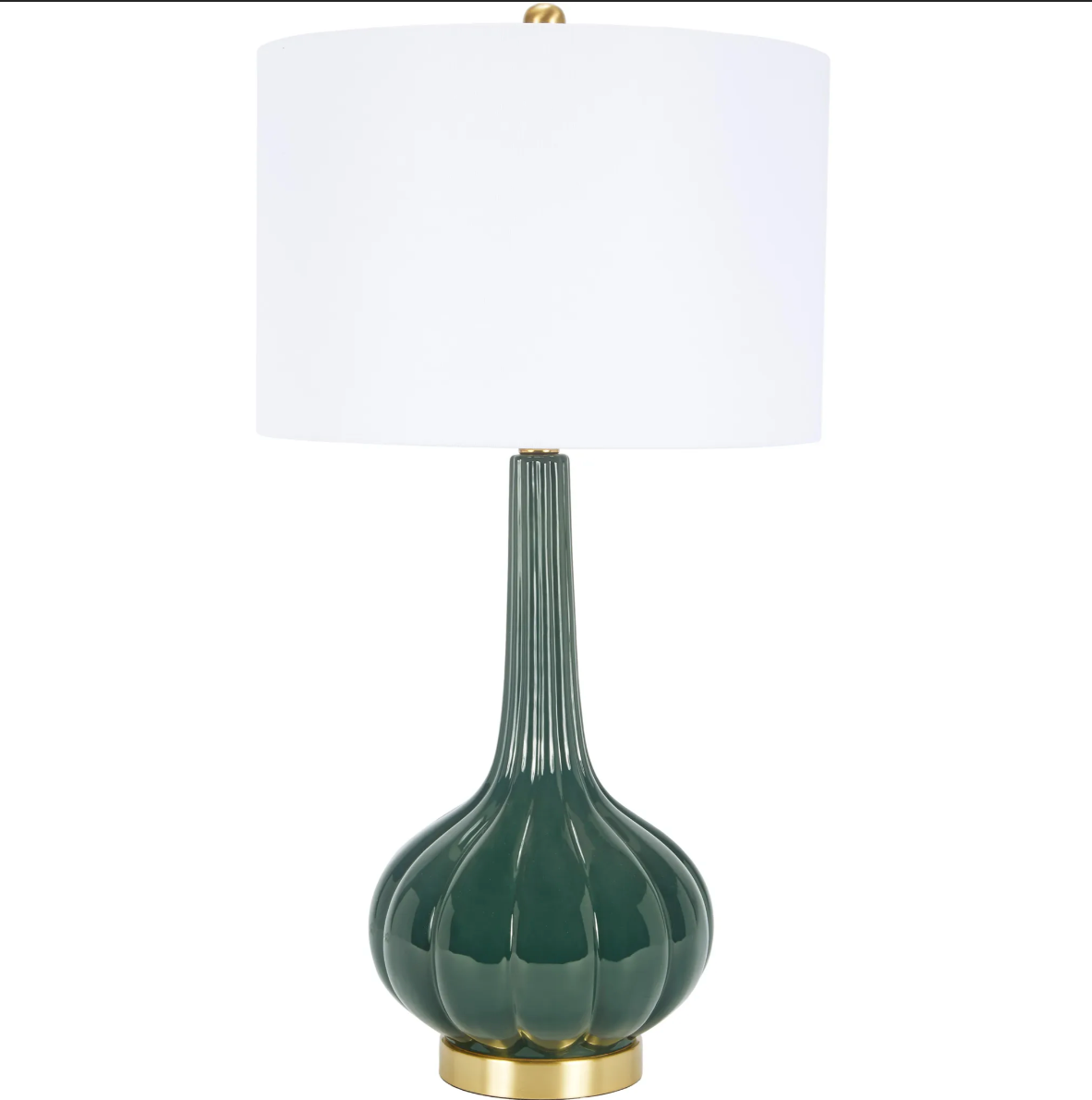 Forest green Laurel Table Lamp with glossy ribbed ceramic base, elongated fluted neck, brass accents, and white drum shade.