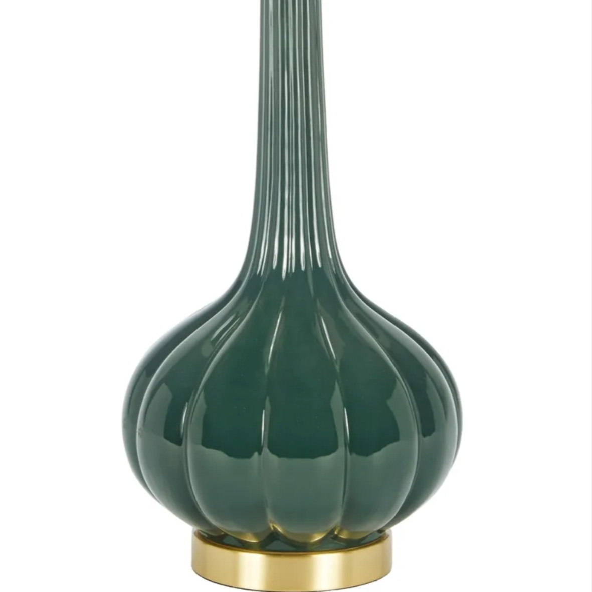 Forest green Laurel Table Lamp with glossy ribbed ceramic base, elongated fluted neck, brass accents, and white drum shade.