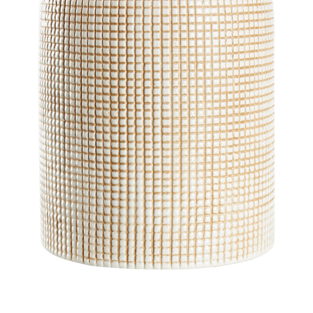 Graft Table Lamp in white ceramic with tan crosshatched texture close-up