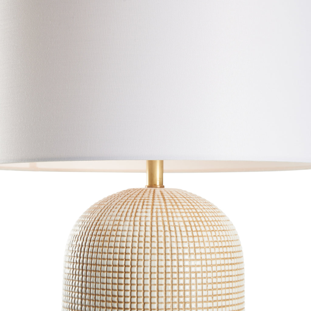 Graft Table Lamp in white ceramic with tan crosshatched texture close-up