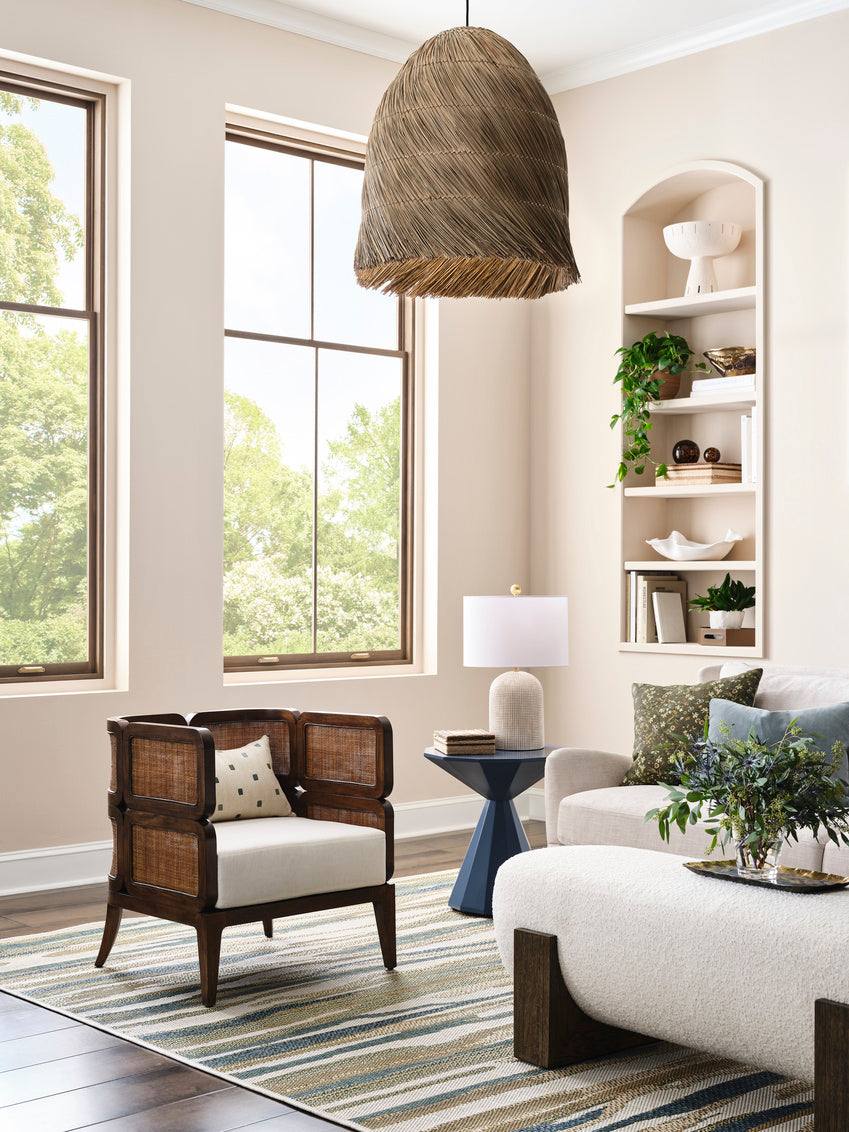 Graft Table Lamp in white ceramic with tan crosshatched texture styled in Nashville, Tennessee 