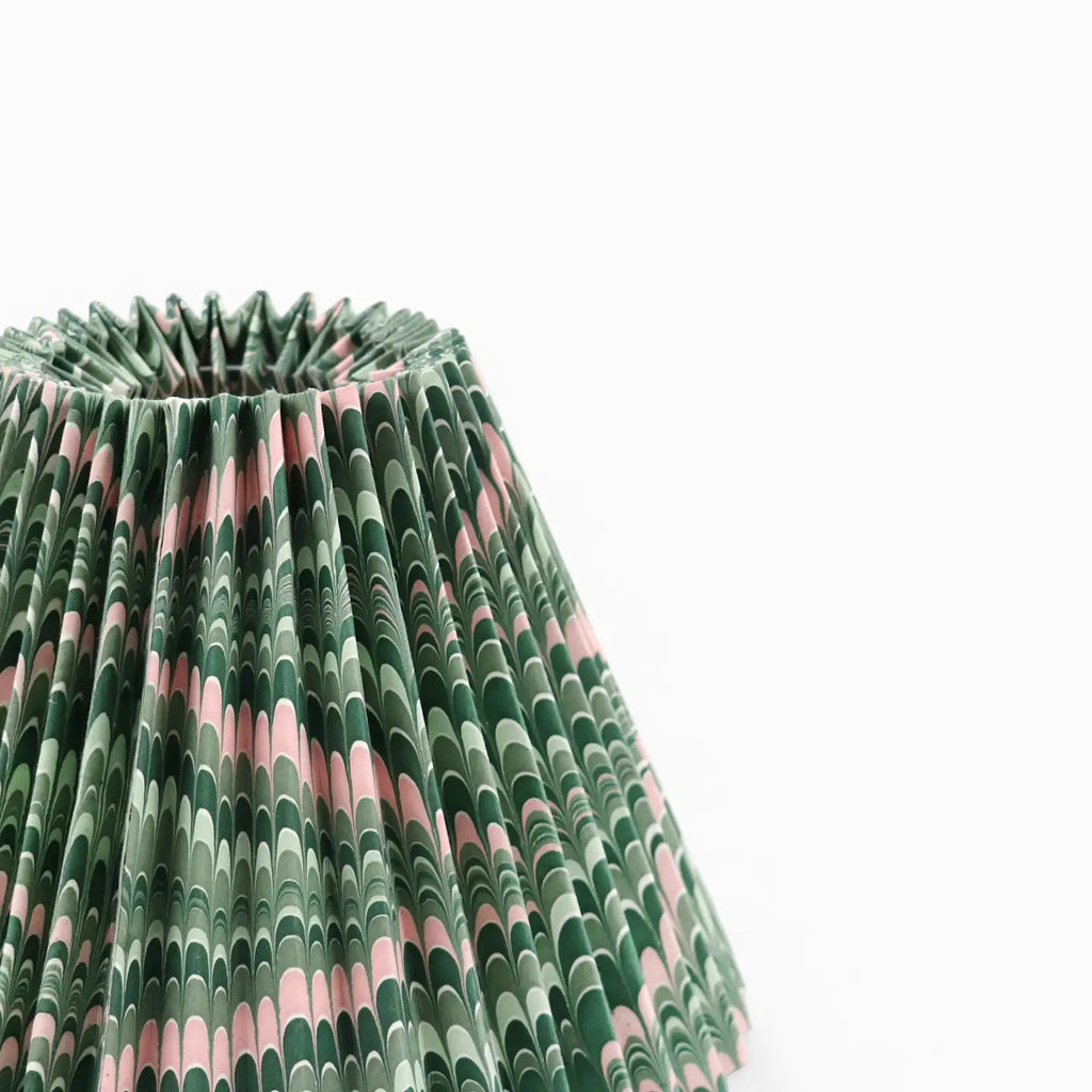 Detail shot of a green and pink marbled empire lampshade with accordian style pleats. Available in Nashville, Tennessee