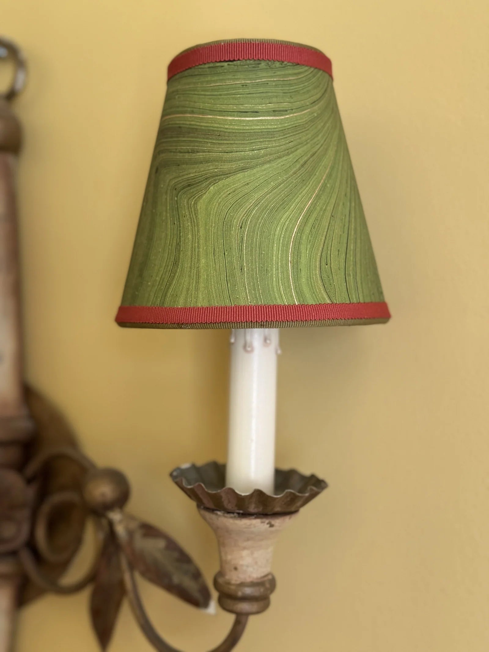 Marbled Green Sconce Lampshade with Red Trim 