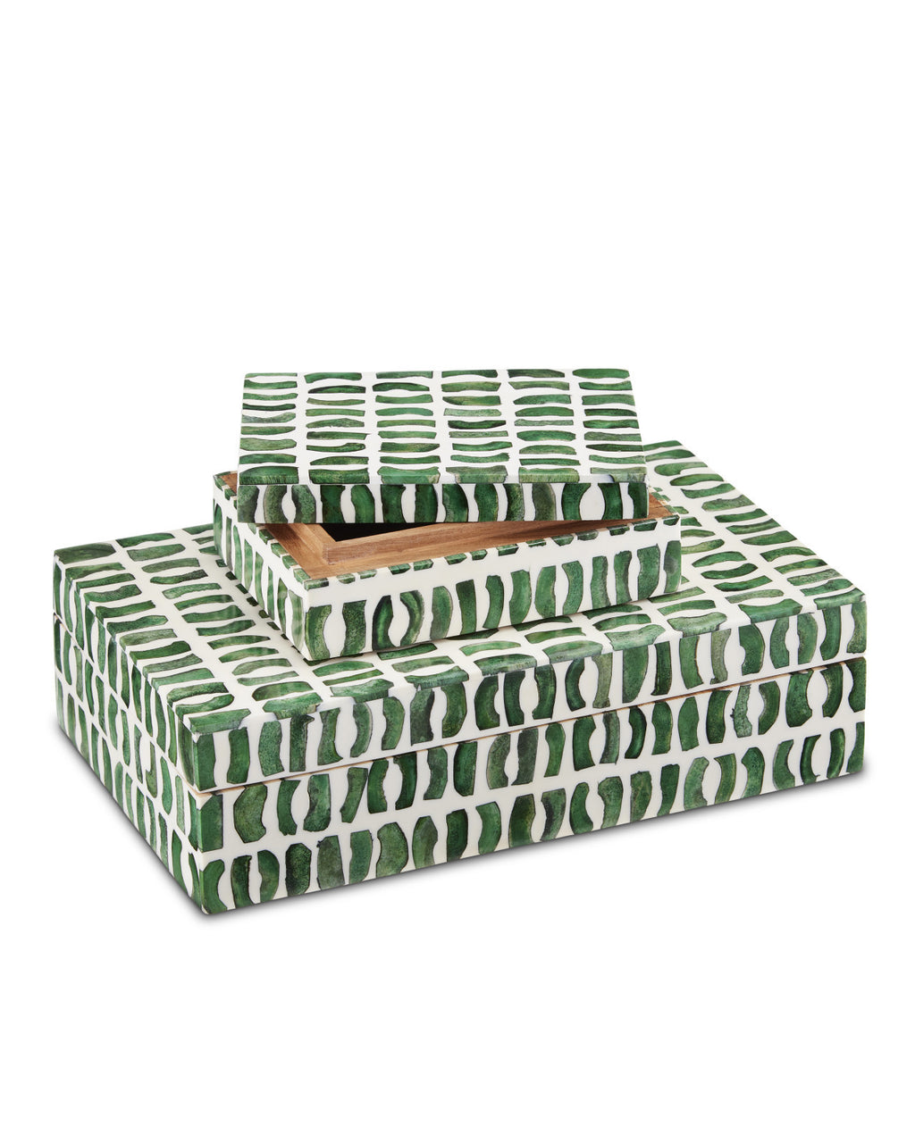 Green and white decorative box set made from bone and wood
