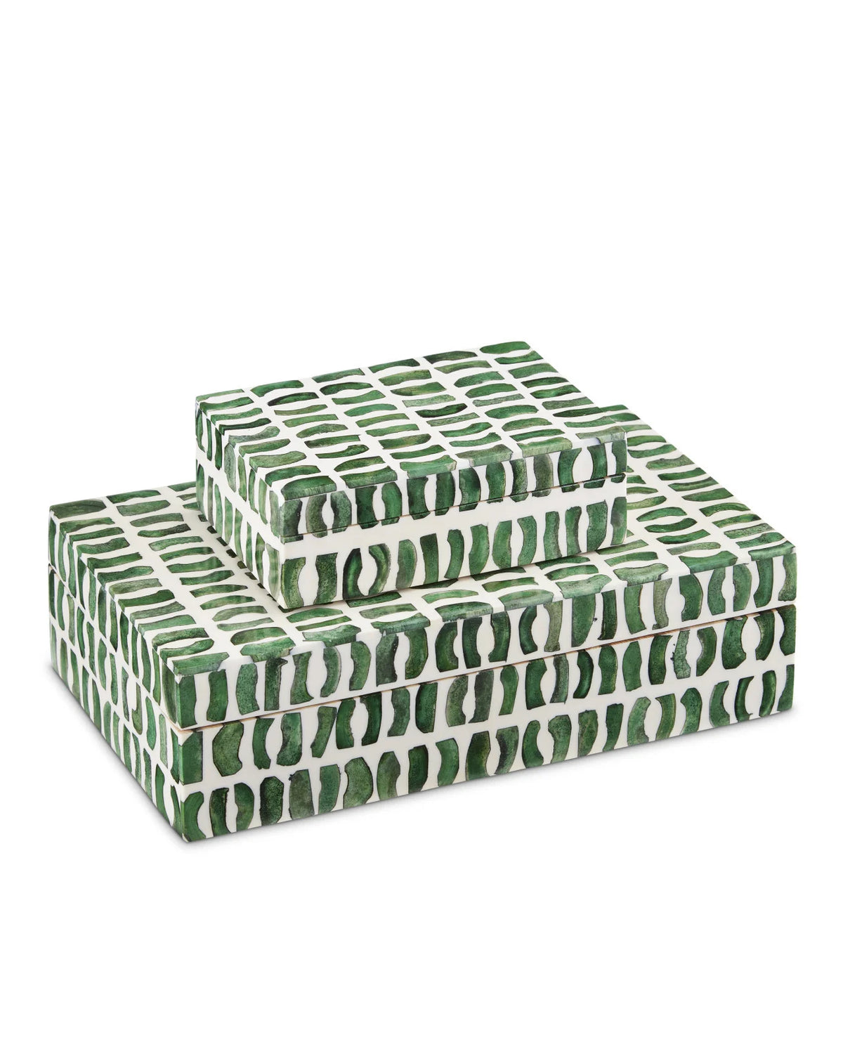 Green and white decorative box set made from bone and wood