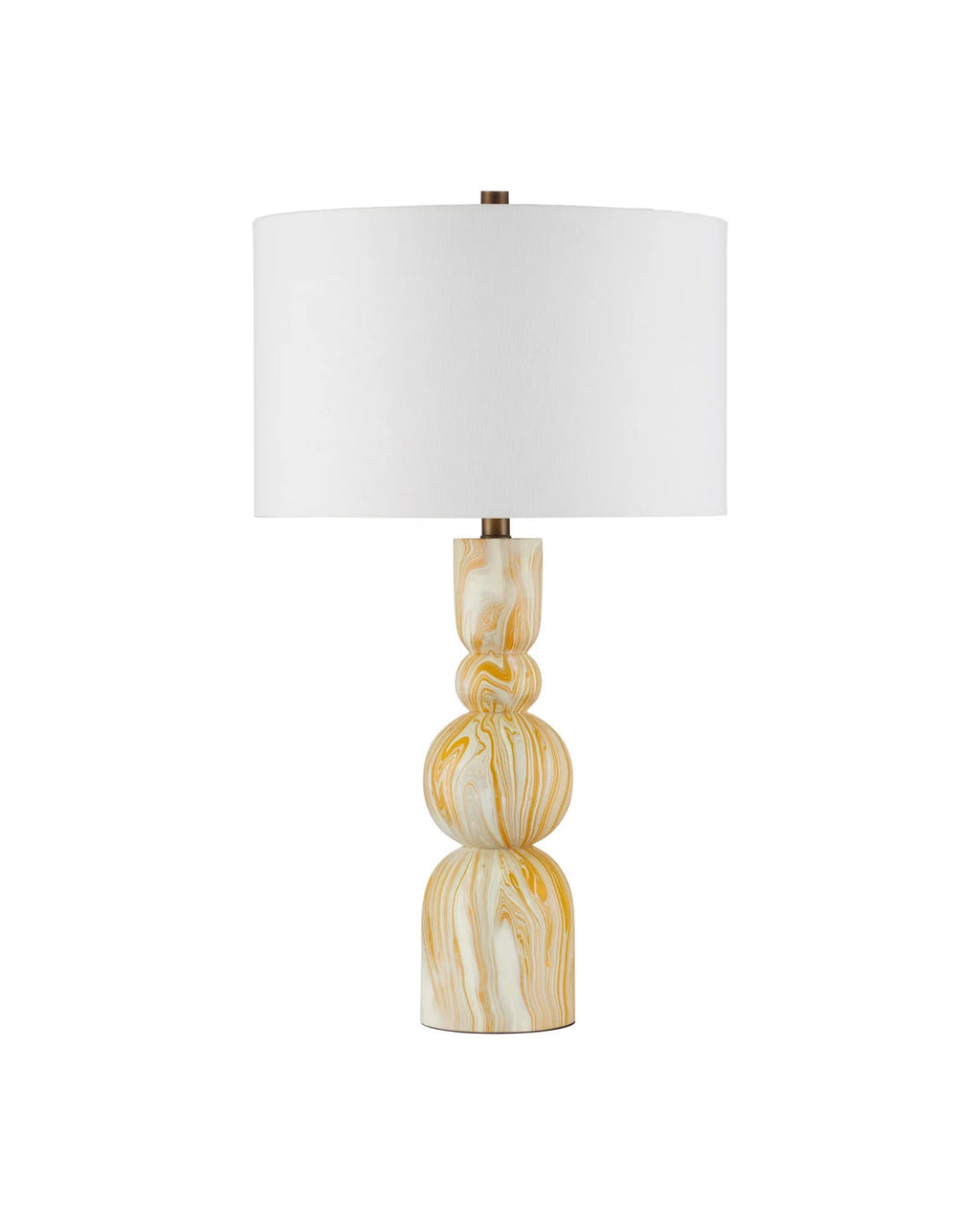 Yellow and white marbled contemporary table lamp with a white drum lampshade