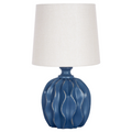 Ondine Mini Table Lamp featuring a sculptural Parisian blue base with flowing curves, delicate gold accents, and a natural linen shade.