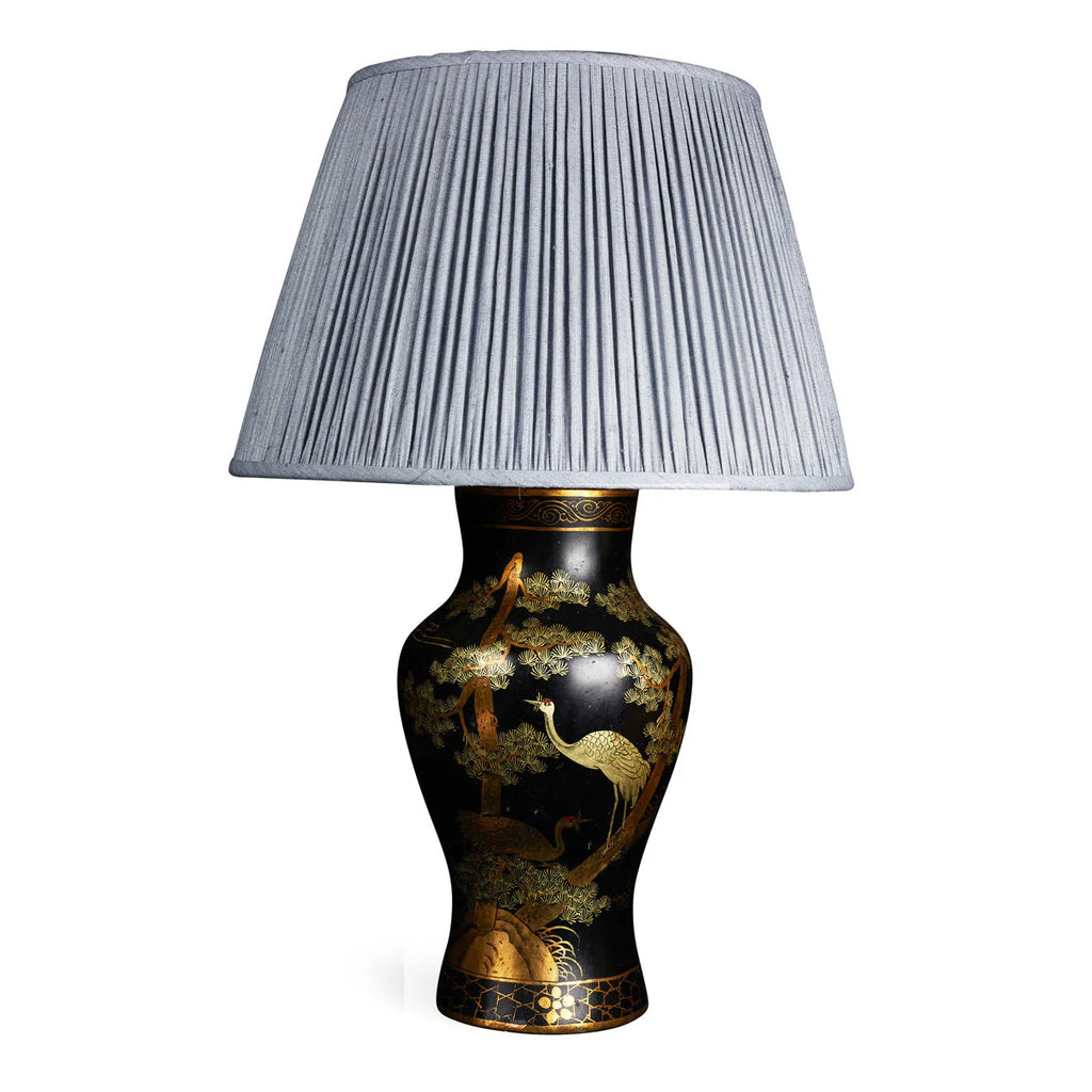 Nushka Blue Mulberry Silk Empire lampshade styled on an oriental table lamp in Nashville, Tennessee