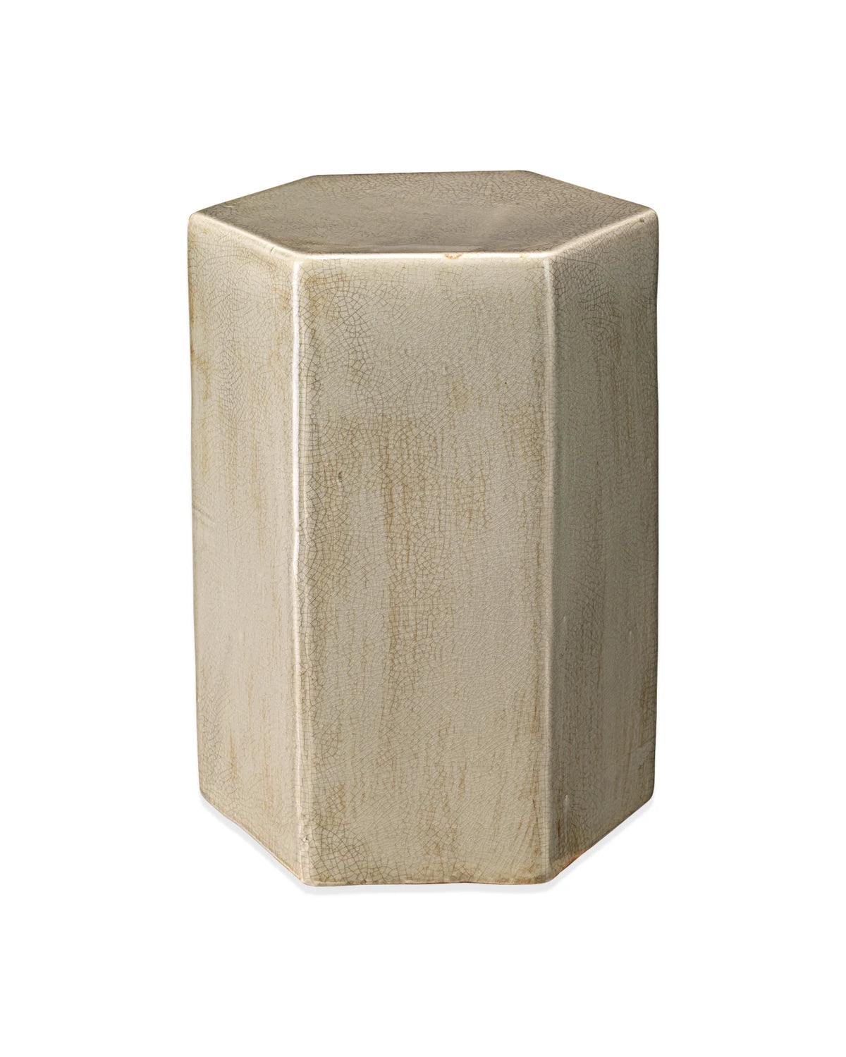 Hexagonal ceramic stool in a light beige glaze with a subtle textured finish, shown on a plain white background.