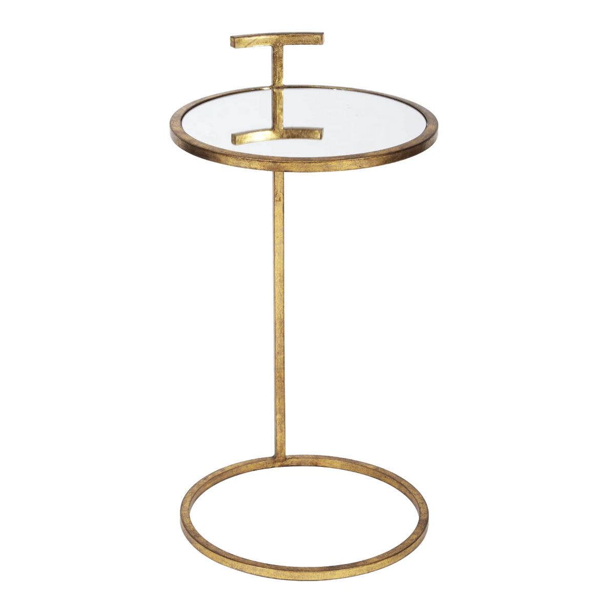 Orson Martini Table featuring a round glass top, slender antique gold metal frame, sculptural geometric detailing, and circular open base.