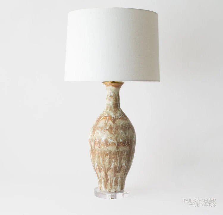 Paul Schneider Ceramics Apline Drip Banded table lamp in #6315-M with acrylic base, styled with a white drum lampshade