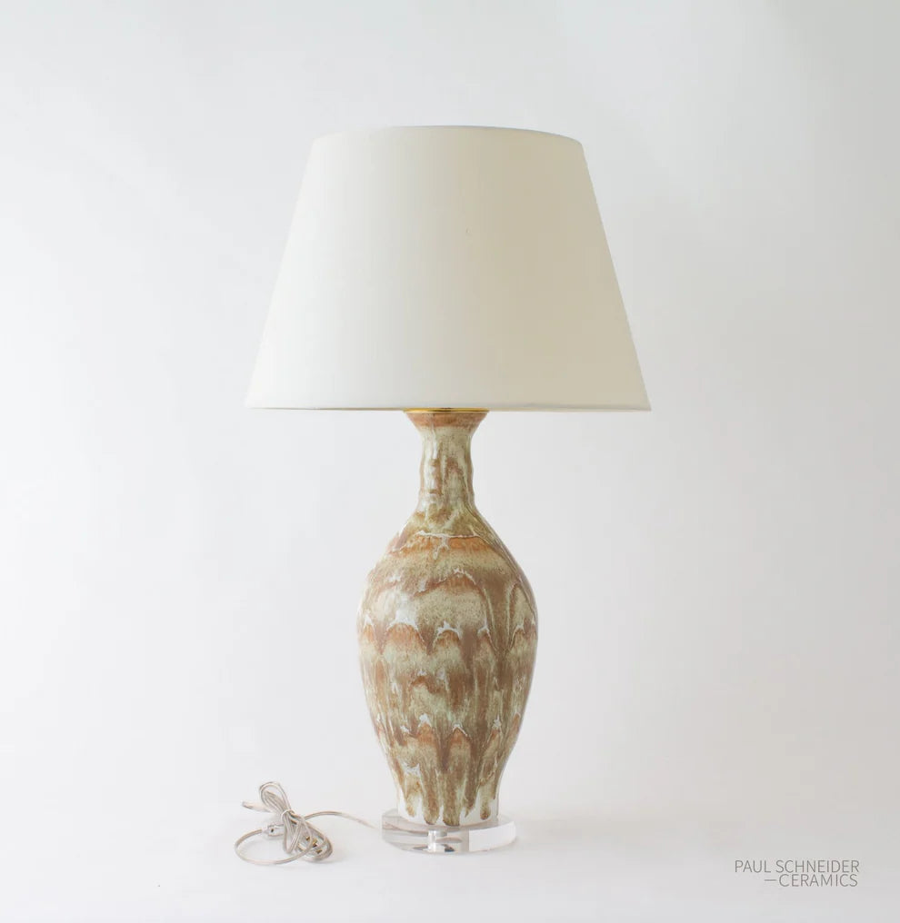 Paul Schneider Ceramics Apline Drip Banded table lamp in #6315-M with acrylic base, styled with a cream empire lampshade