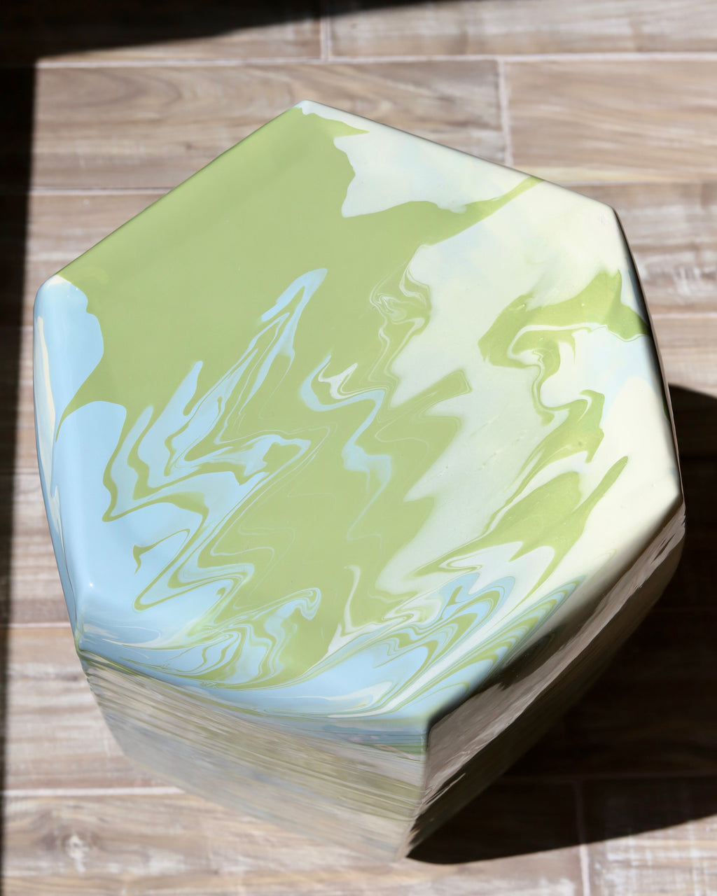 Paul Schneider Hexagonal Geode in Ivory, Nile & Sage Garden Stool