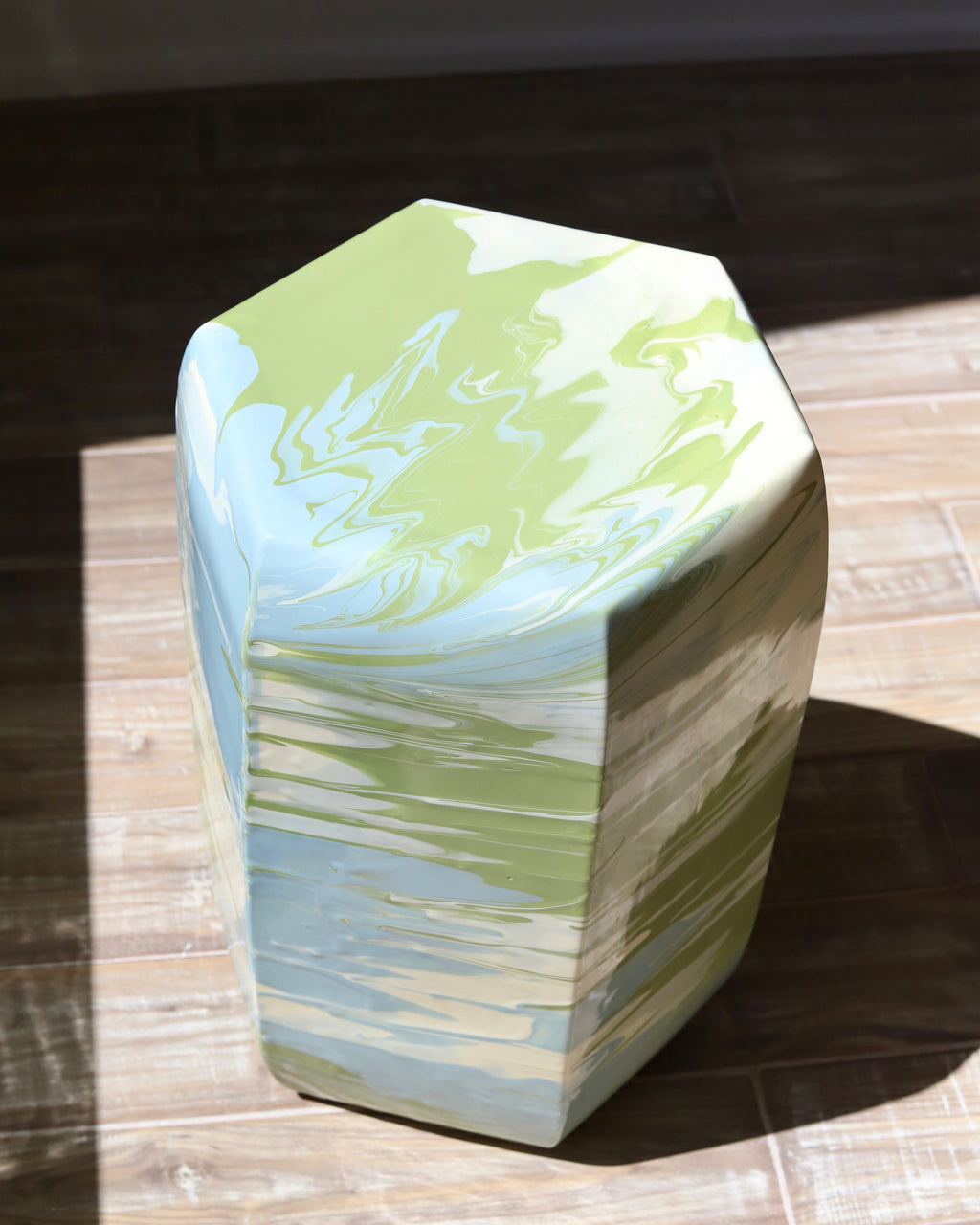 Paul Schneider Hexagonal Geode in Ivory, Nile & Sage Garden Stool