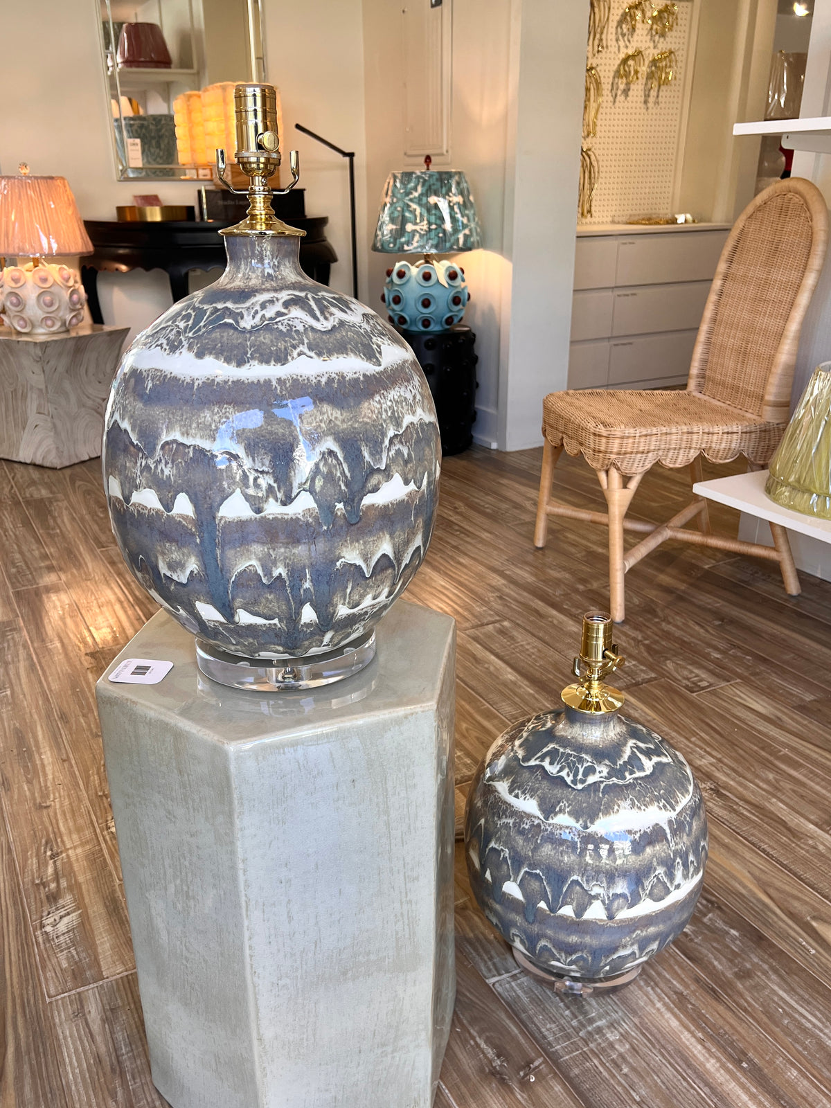 Paul Schneider Marfa Round table lamps in #6188-M banded drip glaze