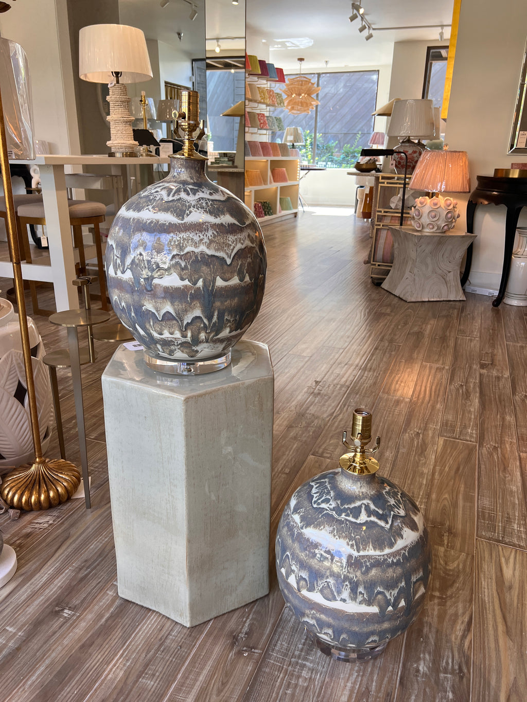 Paul Schneider Marfa Round table lamps in #6188-M banded drip glaze