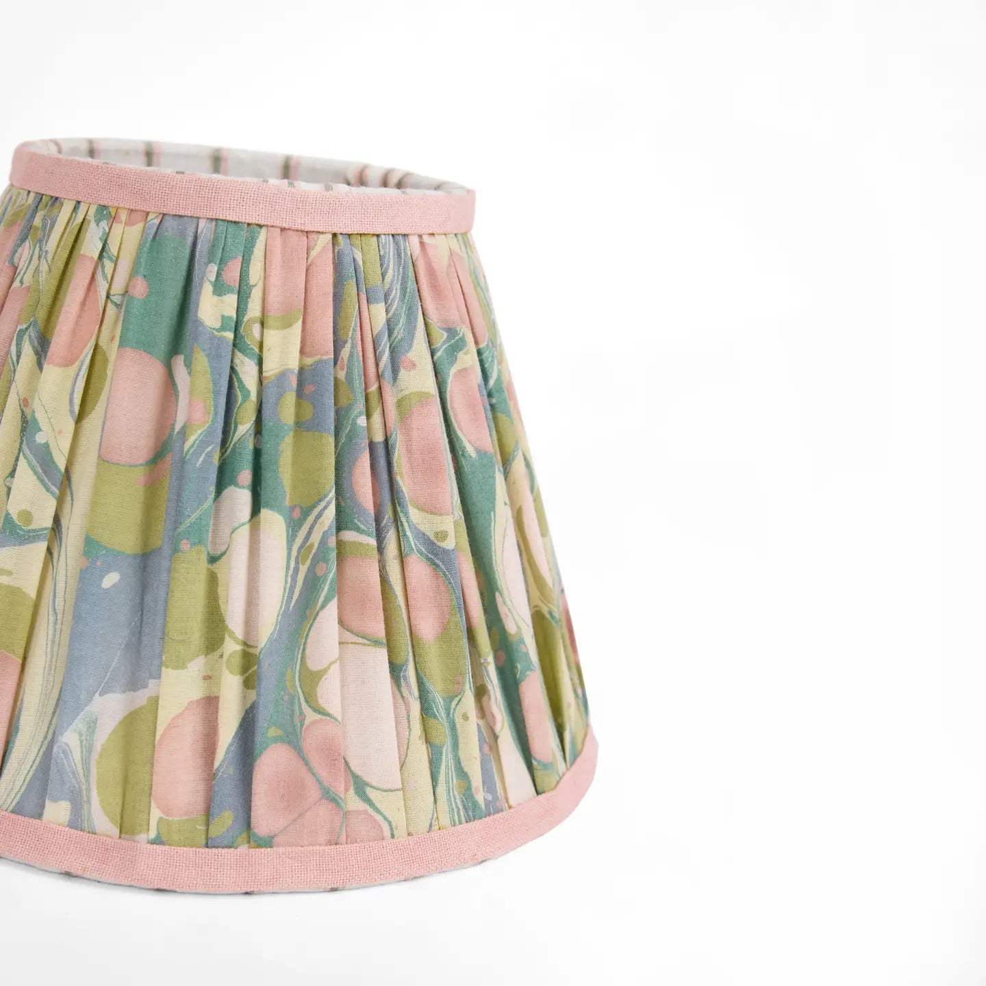 Pink and moss marbled fabric lampshade with pink contrast trim