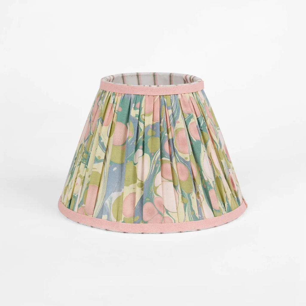 Pink and moss marbled fabric lampshade with pink contrast trim