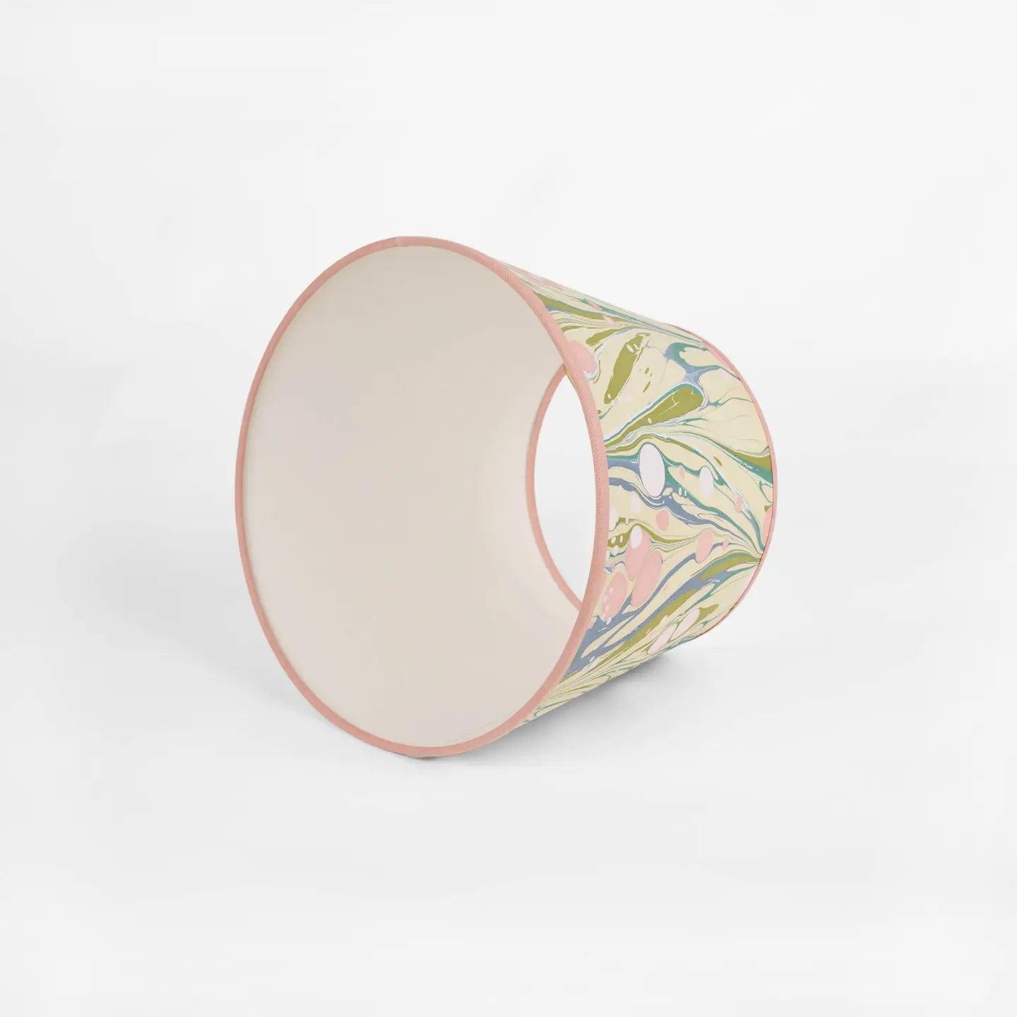 Pink and moss marbled paper lampshade with pink trim