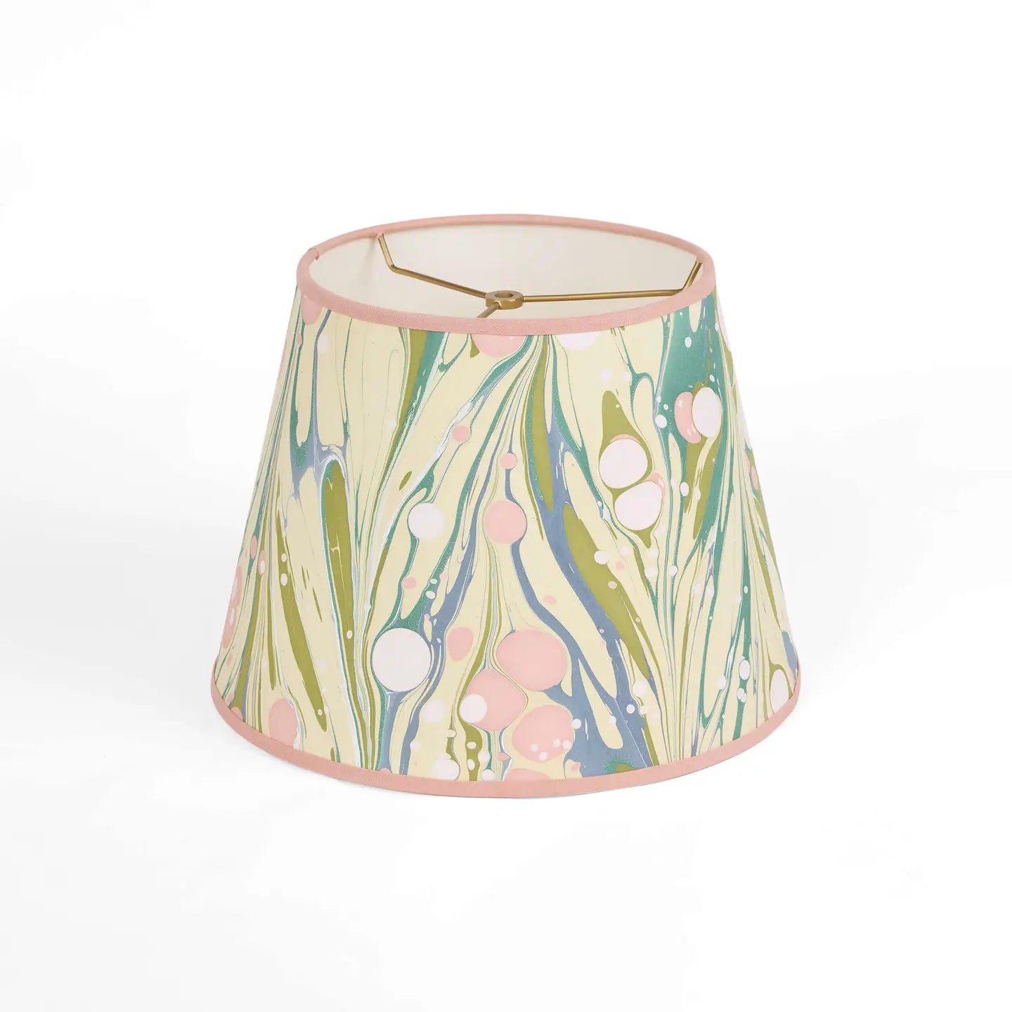 Pink and moss marbled paper lampshade with pink trim