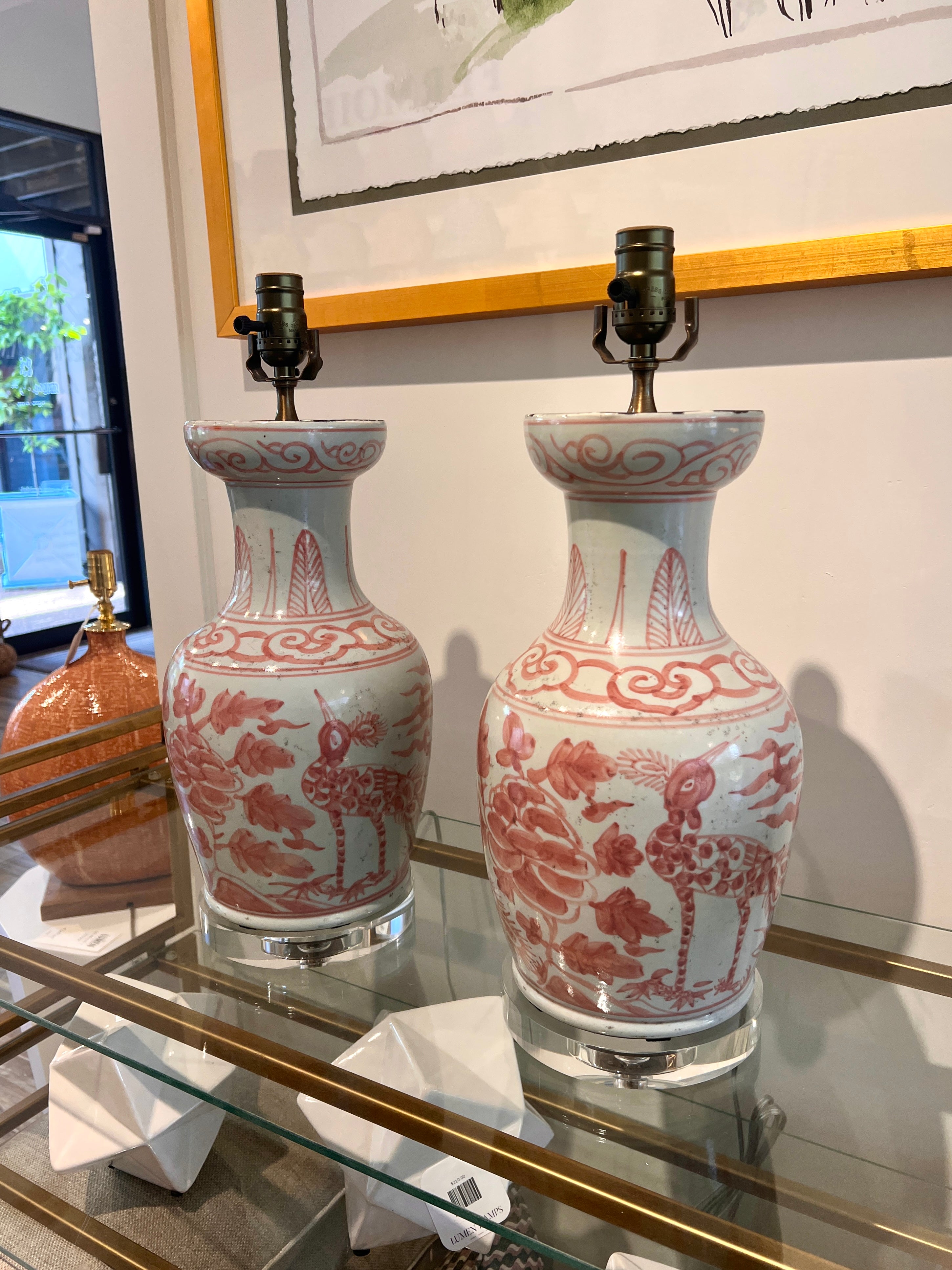 Pink and white Asian style ceramic table lamps for transitional spaces