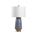 Blue and white ceramic table lamp with gold base and finial and white drum lampshade