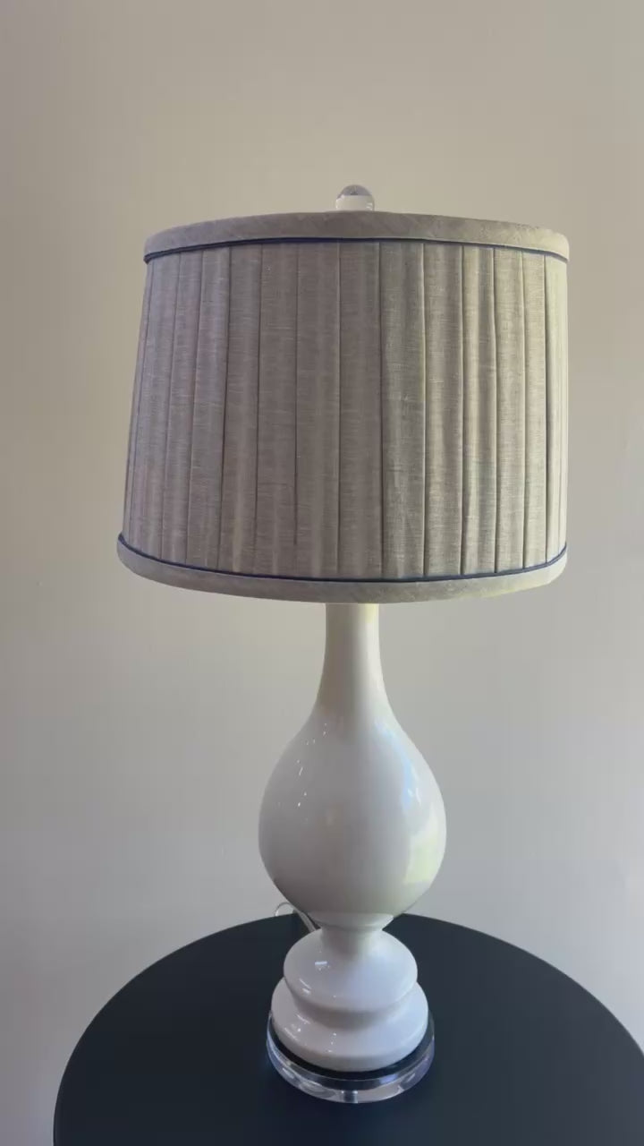 Sorella Glenn Oatmeal Box Pleat Drum Lampshade with Skinny Tidal Trim styled in Nashville, Tennessee