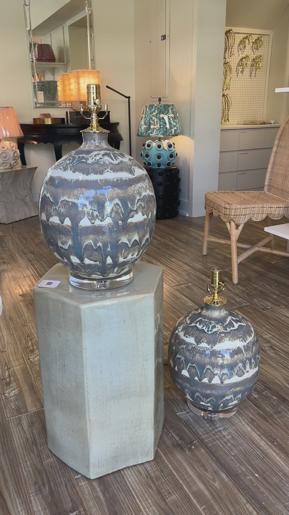 Paul Schneider Marfa Round table lamps in #6188-M banded drip glaze