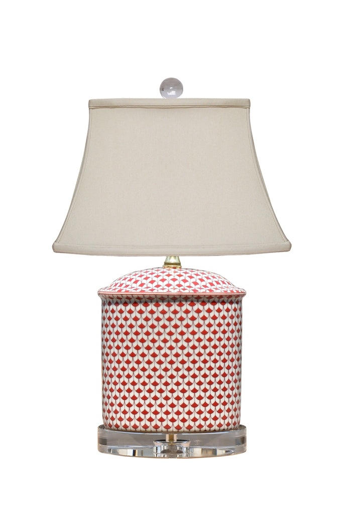 Traditional style red and white fishscale table lamps with acrylic base and finial.