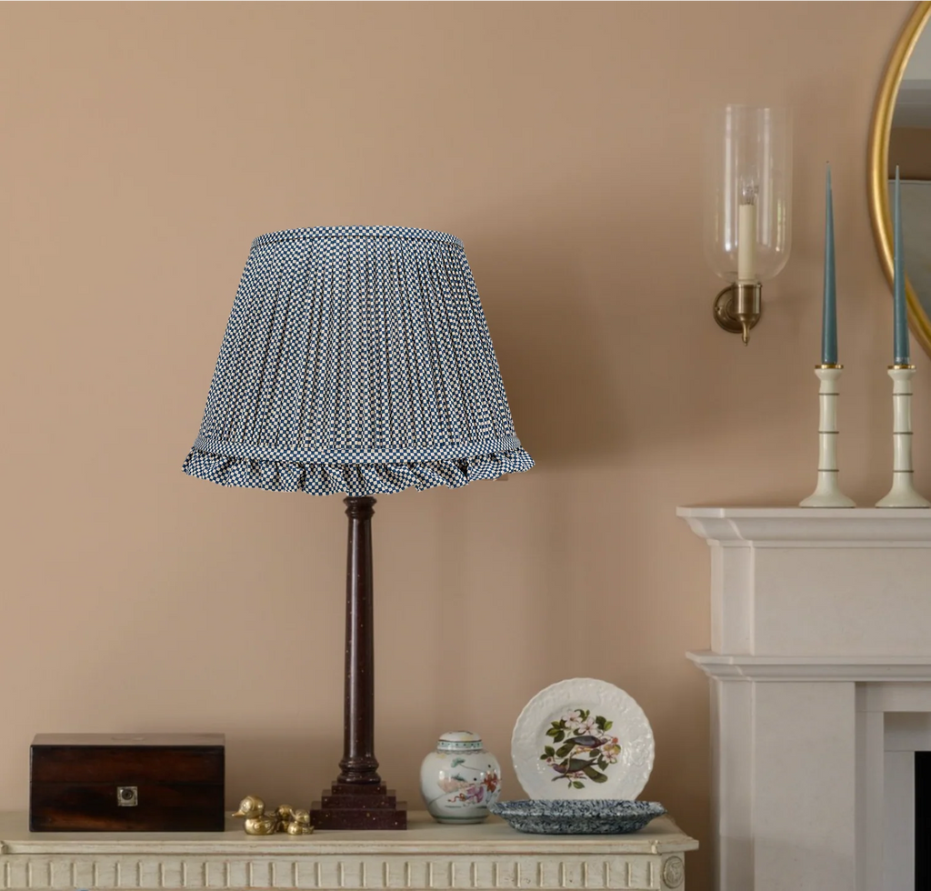 Rosanna Lonsdale Blue Checkered Lampshade with Frill styled on a table lamp in Nashville, Tennessee