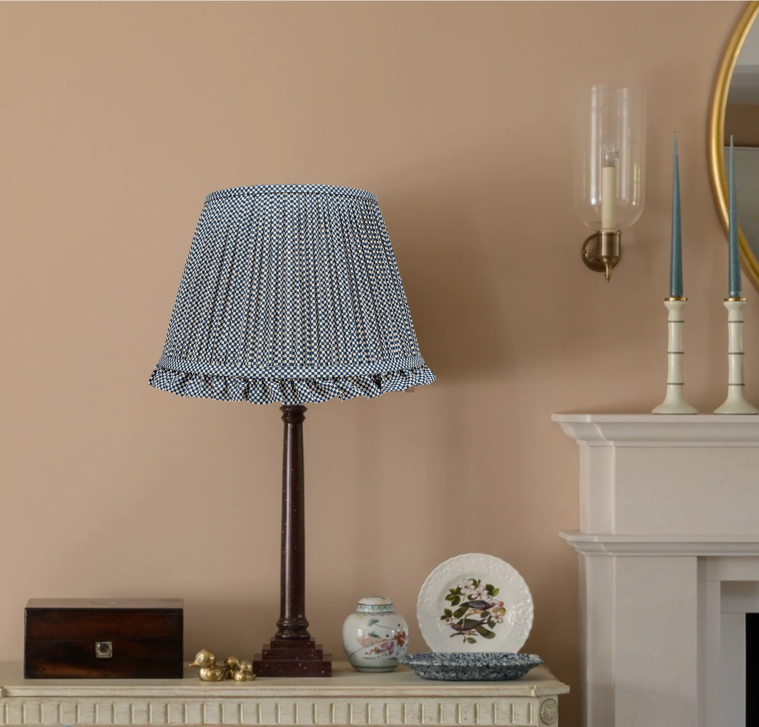 Rosanna Lonsdale Blue Checkered Lampshade with Frill styled on a table lamp in Nashville, Tennessee