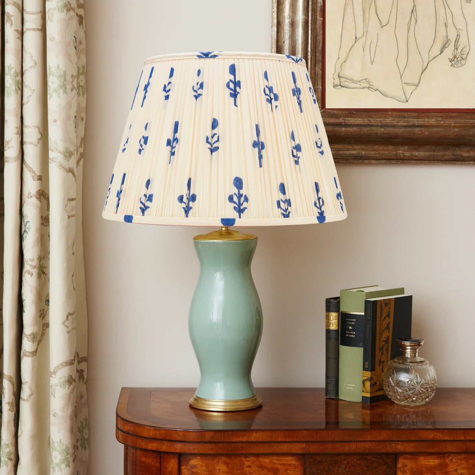 Rosanna Lonsdale Blue Rose Empire lampshade styled on a celadon ceramic table lamp in Nashville, Tennessee