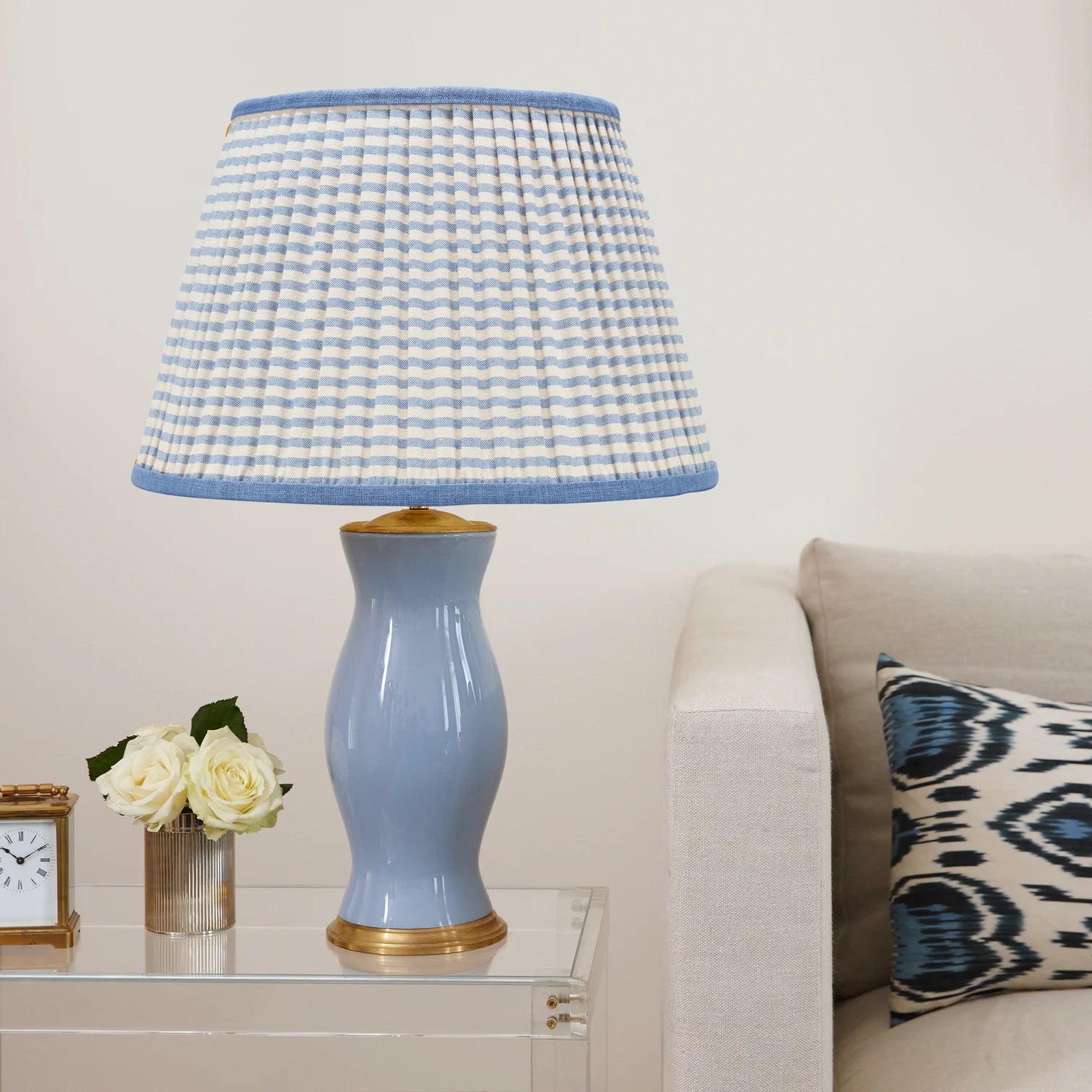 Rosanna Lonsdale Blue Striped Empire Lampshade styled on a blue table lamp in Nashville, Tennessee