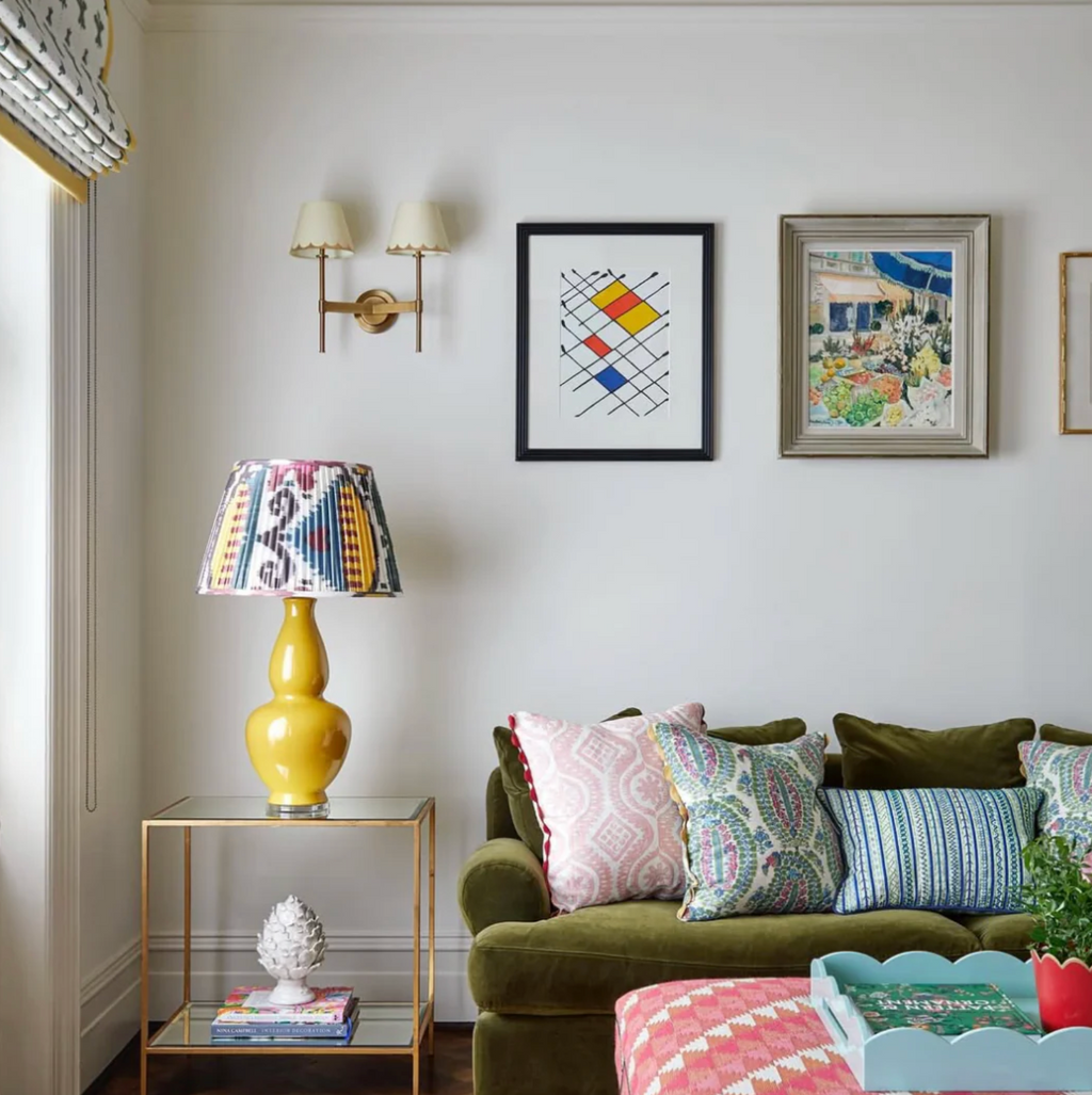 Rosanna Londale Colourful Ikat Empire Lampshade styled on a yellow ceramic table lamp in Nashville, Tennessee