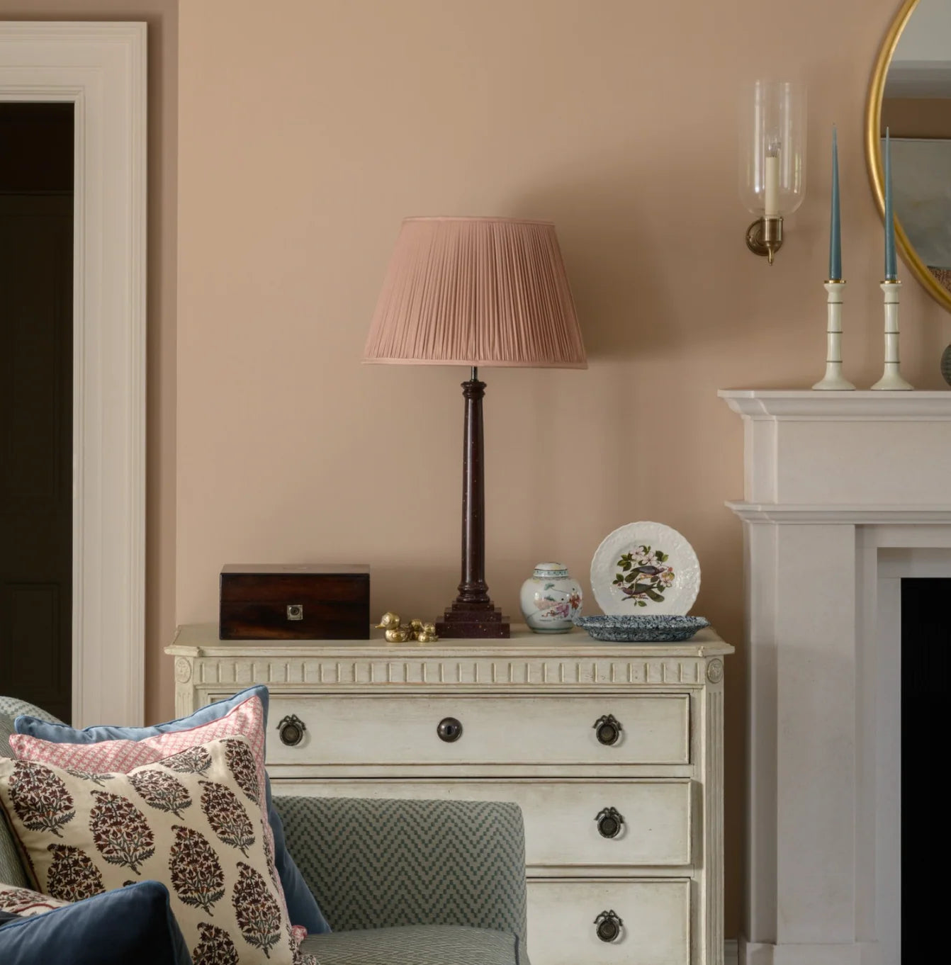 Rosanna Lonsdale Dusty Pink Pleated Silk empire lampshade styled on a brown table lamp 