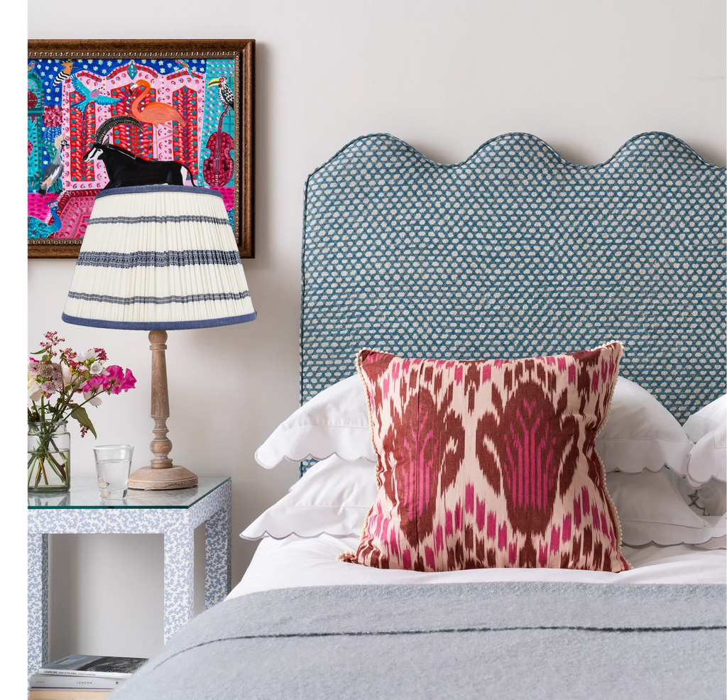 Rosanna Lonsdale Embroidered Blue Striped Empire lampshade styled on a celadon ceramic table lamp in Nashville, Tennessee
