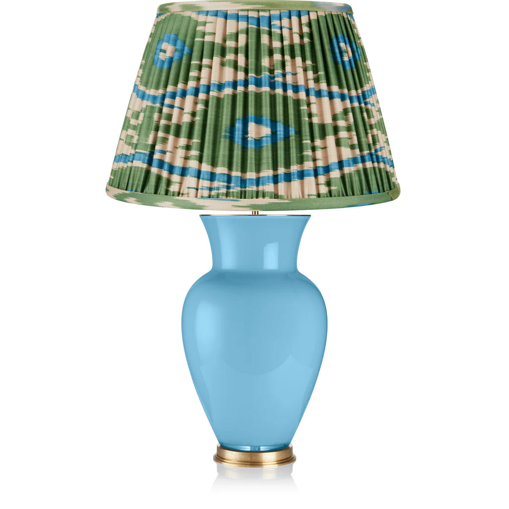 Rosanna Lonsdale Green and Blue Ikat Empire Lampshade styled on a blue ceramic table lamp in Nashville, Tennessee