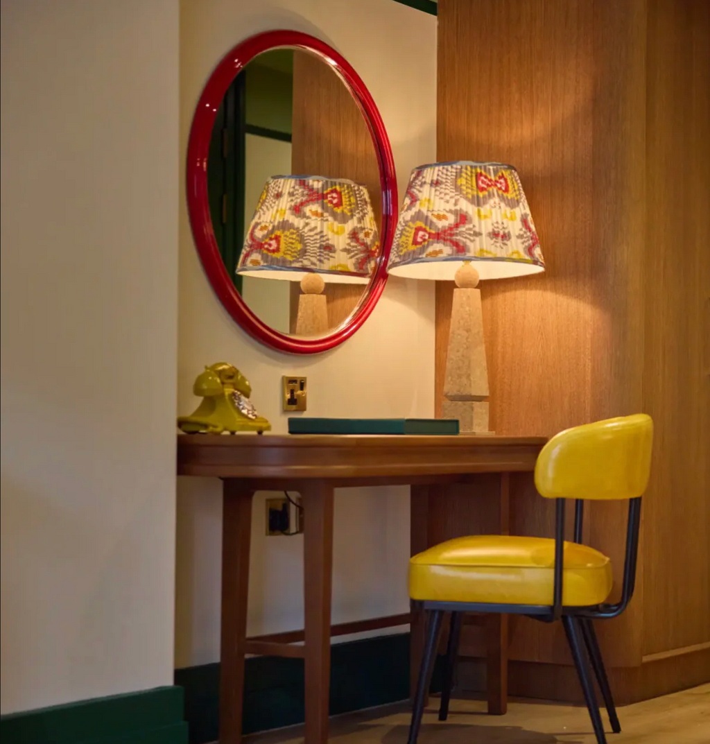 Rosanna Lonsdale Grey Yellow Burgundy Ikat Lampshade styled on a table lamp in Nashville, Tennessee