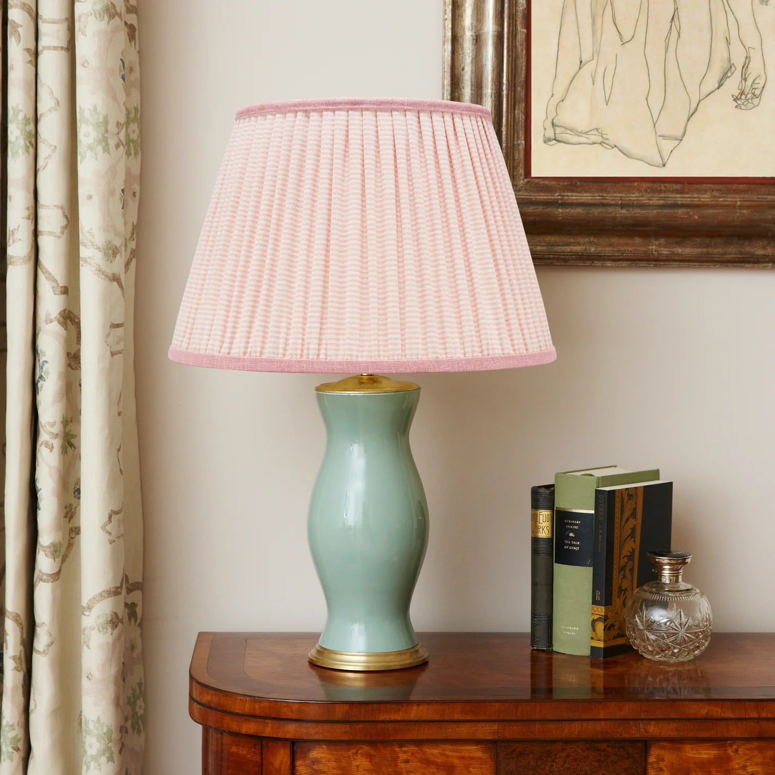 Rosanna Lonsdale Pink Striped Empire Lampshade styled on a celadon ceramic table lamp in Nashville, Tennessee