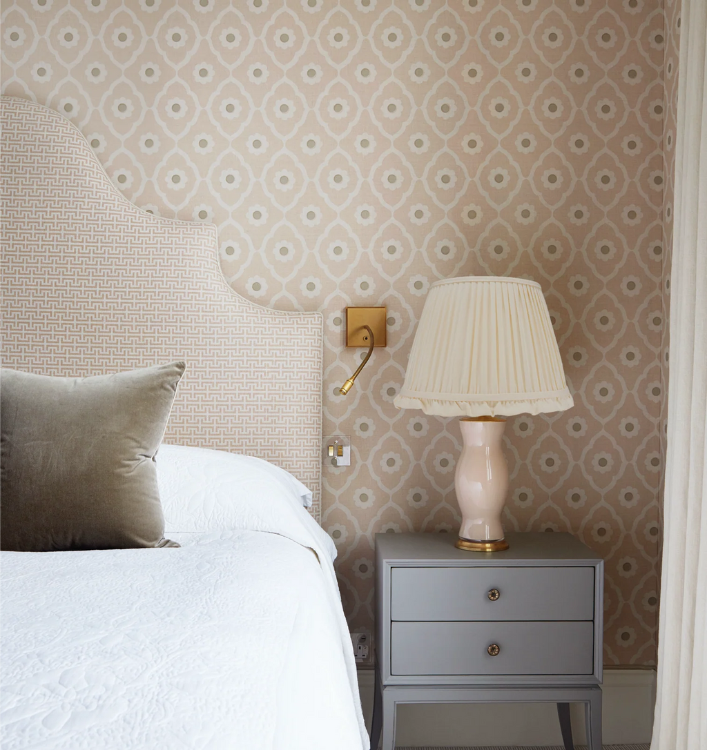 Rosanna Lonsdale Pleated Lampshade in Cream with Frill styled on a pink ceramic table lamp in Nashville, Tennessee