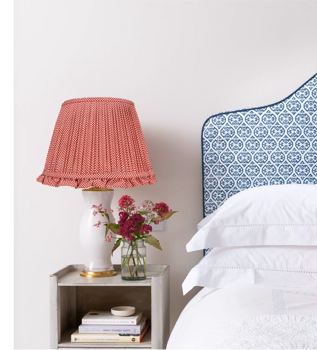 Rosanna Lonsdale Red Checkered Frill Lampshade styled on a white table lamp in Nashville, Tennessee