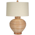 Table lamp made from bamboo with a round silhouette, natural wood base, and drum lampshade
