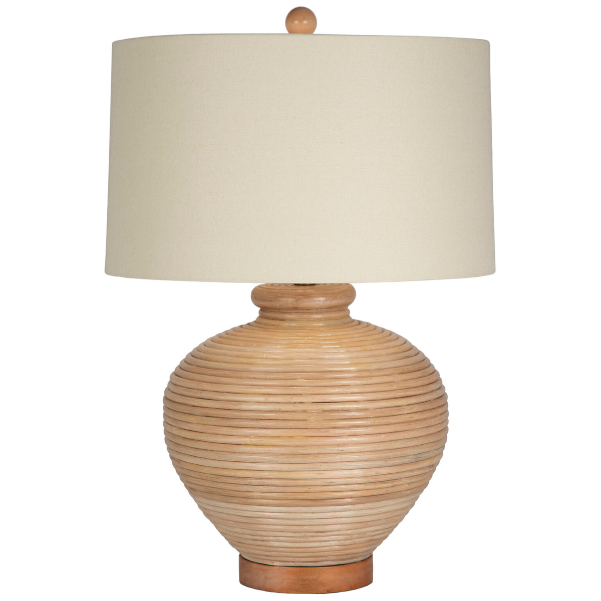 Table lamp made from bamboo with a round silhouette, natural wood base, and drum lampshade